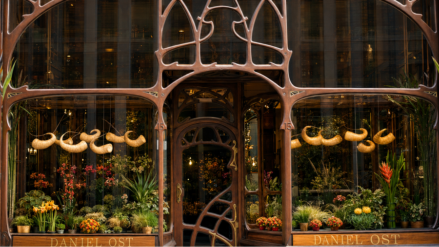 Maison A. Niguet flower shop facade with ornate bronze Art Nouveau metal framing, large display windows filled with flowers, and hanging swan-shaped lights.