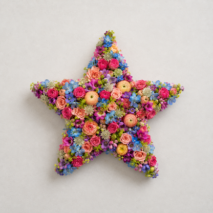 A five-pointed star-shaped floral art piece made of pressed flowers and greenery, displayed against a plain light gray background.