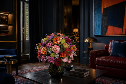 A large, vibrant bouquet of multicolored flowers arranged in a dark green glass vase on a dark wooden coffee table in a stylishly decorated living room.