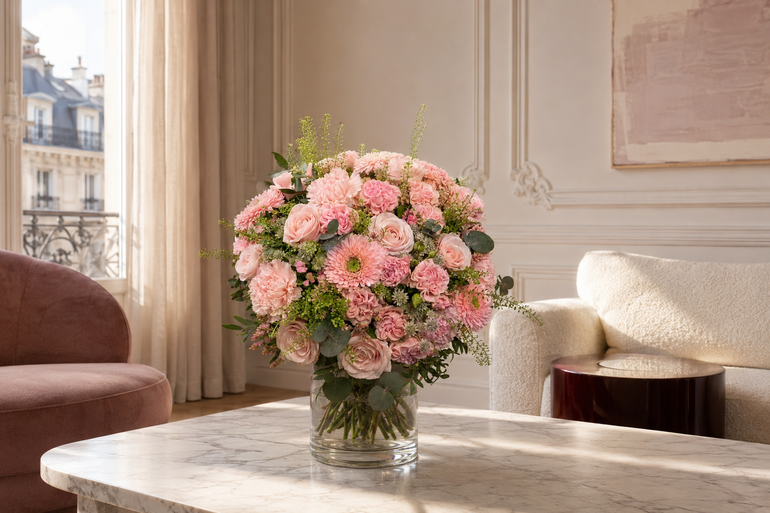 A large, lush bouquet of pink flowers and green foliage arranged in a clear glass vase, set on a marble table in a beautifully decorated, sunlit room.