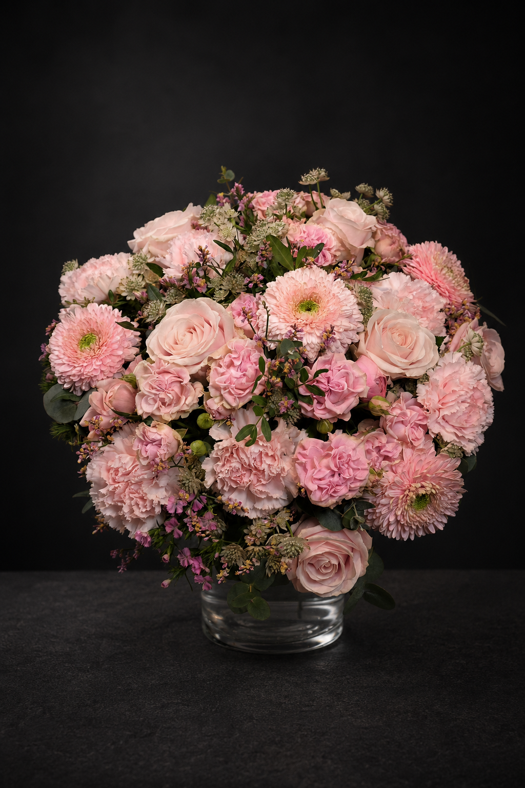 A large, round floral arrangement featuring light pink roses, chrysanthemums, and carnations in a clear glass vase, set against a dark black background.