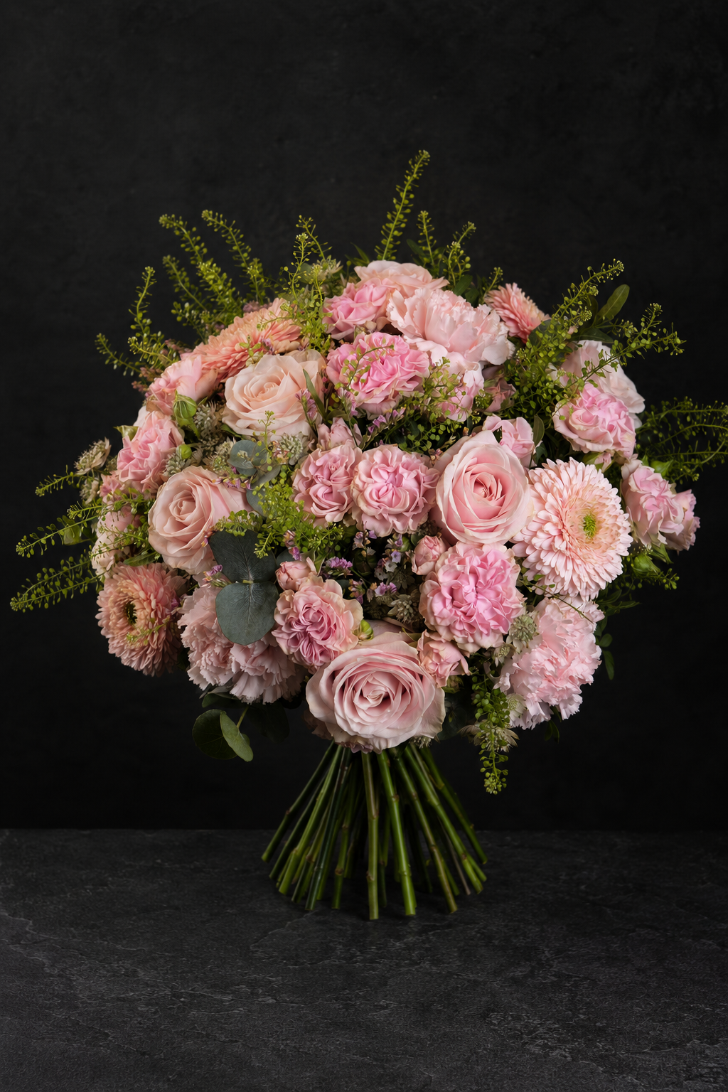 A large, dense floral bouquet featuring pink roses, pink chrysanthemums, and light pink carnations with green foliage, arranged in a round shape and held by green stems against a dark textured background.