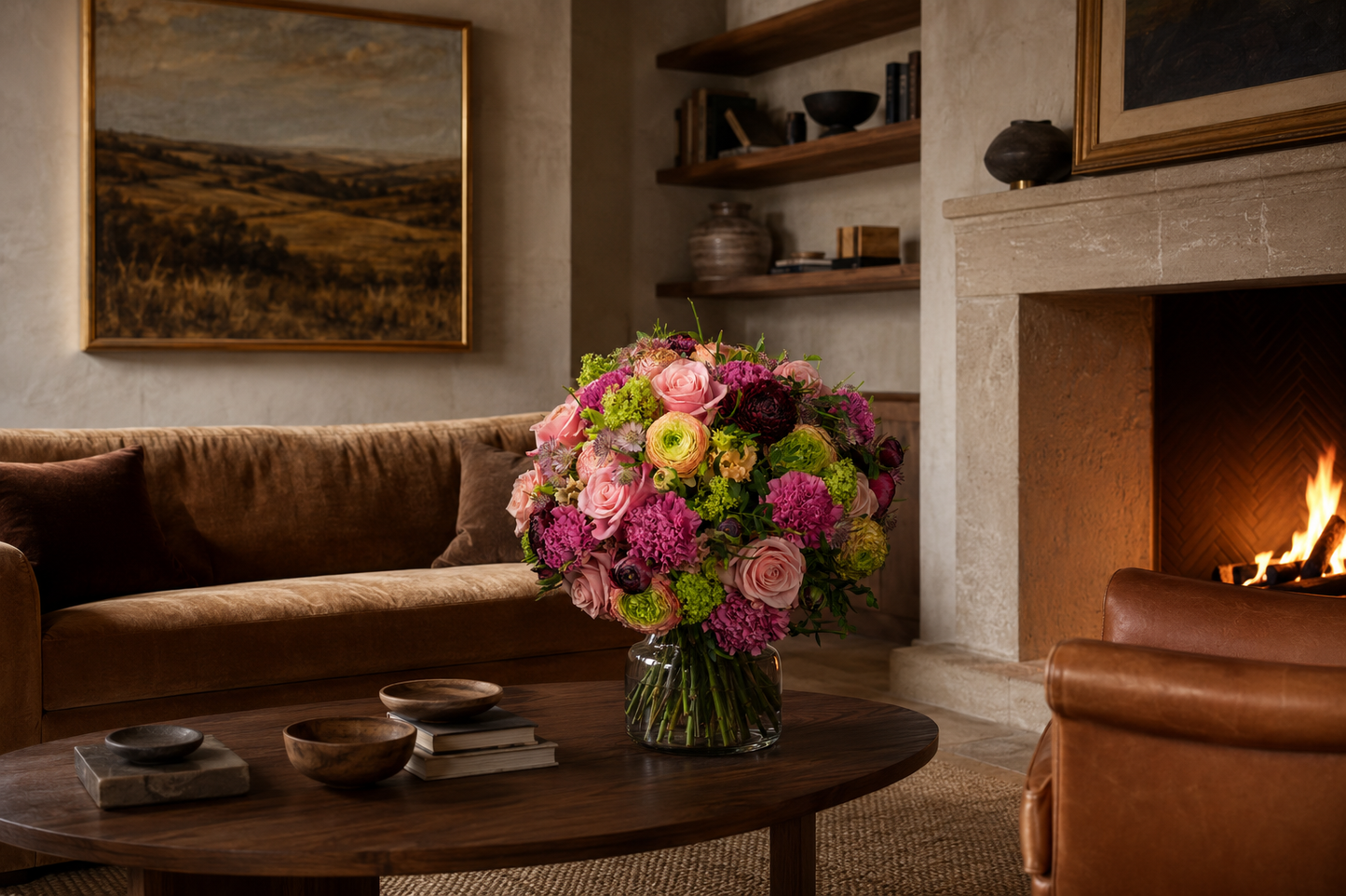 A large, vibrant floral bouquet in a clear glass vase sits on a dark wood coffee table in a cozy living room setting with a brown sofa, fireplace, and wall art.