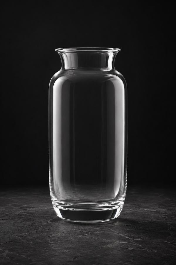 A clear glass vase with a flared rim and rounded body, standing on a dark surface against a black background.